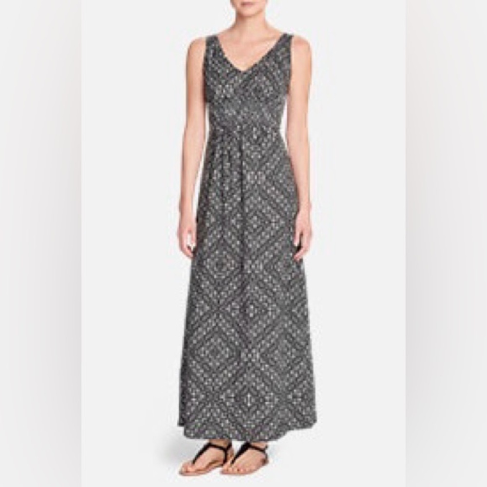 Eddie Bauer Smocked Cotton Navy Patterned Maxi Dress